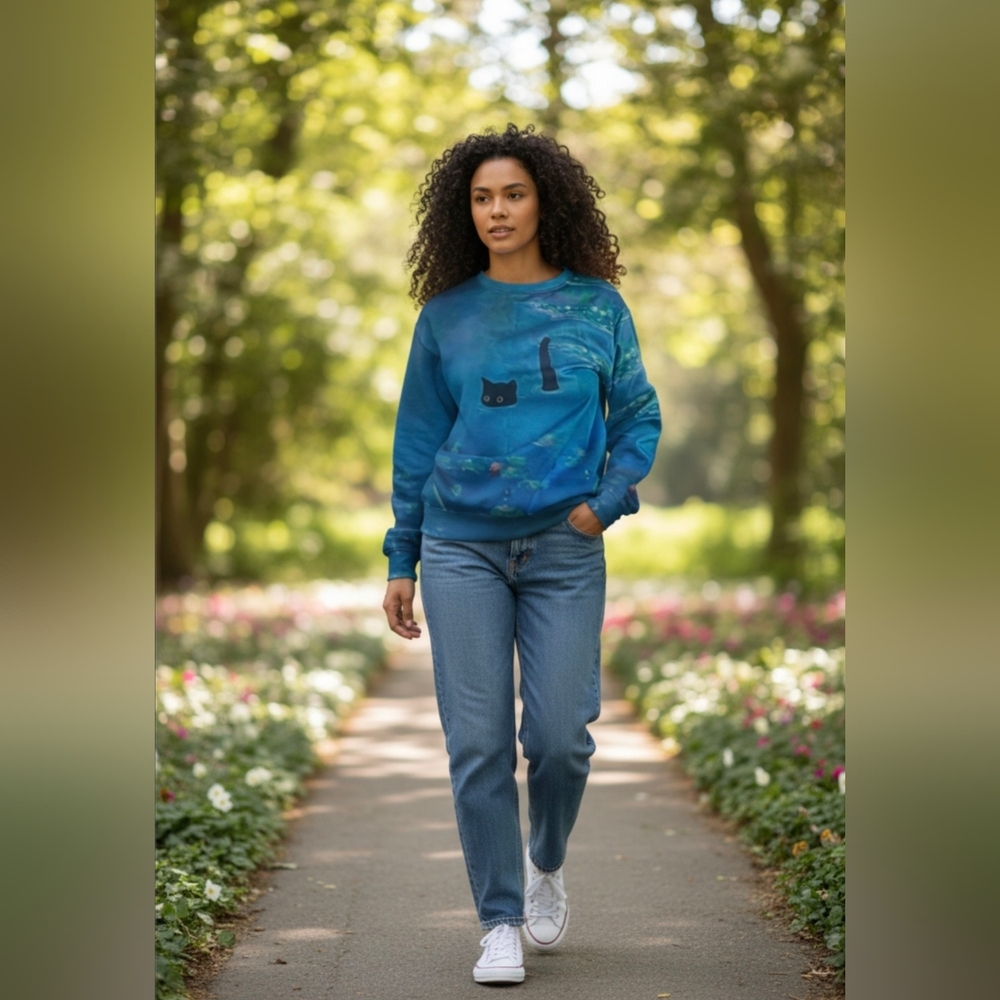 Cute Cat Print Sweatshirt Pond Of Lilies